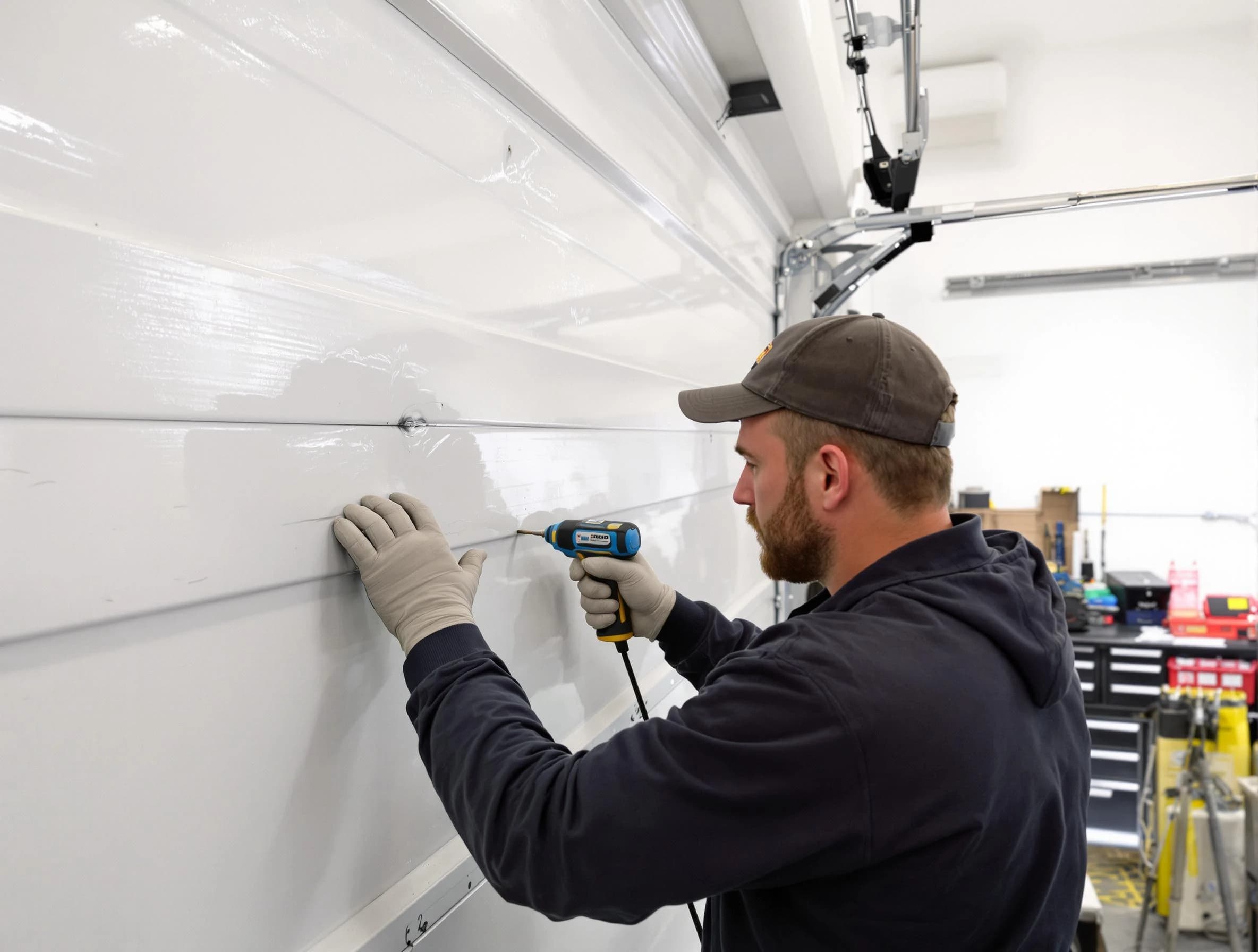 Cherry Creek Garage Door Repair technician demonstrating precision dent removal techniques on a Cherry Creek garage door
